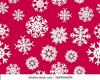 Snowflakes seamless pattern, white and red color. Merry Christmas and Happy New Year background with falling snow. Flat style. Vector illustration