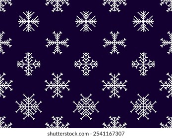 Copos de nieve sin patrón. Siluetas blancas de copos de nieve sobre un fondo negro. Copos de nieve geométricos de diferentes Formas para Fondo de pantalla, envoltorios y fundas. Ilustración vectorial