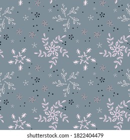 Snowflakes. Seamless pattern. Winter background for design of festive packaging, gift cards and invitations for Merry Christmas and Happy New Year, winter holidays. Vector graphics.