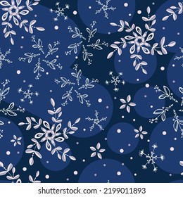 Snowflakes. Seamless pattern. Winter background for design of festive packaging, gift cards and invitations for Merry Christmas and Happy New Year, winter holidays. Vector graphics.