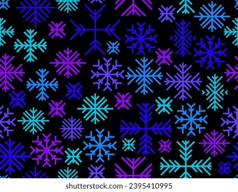 Snowflakes seamless pattern. Winter background with geometric snowflakes of different shapes and colors. Christmas and New Year design for wrapper, banner and poster. Vector illustration