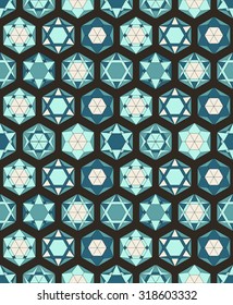 Snowflakes seamless pattern. Winter background. Hexagon crystal texture. Diamond ornament. Oriental pattern. 