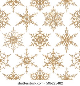 Snowflakes seamless pattern. Winter background. Christmas geometric ornament. Golden snowflakes on white background.