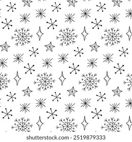Snowflakes, seamless pattern. Winter decorative ornament. Hand drawn festive background with snowflakes. For printing, paper, greeting card, poster, banner, template.
