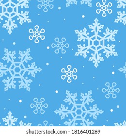 El patrón de los copos de nieve es fluido. Fondo azul festivo de invierno. Ilustración plana de dibujos animados. Decoración para Año Nuevo o Navidad.