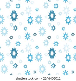 Snowflakes seamless pattern. Winter geometric wallpaper with blue snowflakes on white background. Christmas, New Year, seasonal design