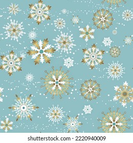 Snowflakes seamless pattern. Winter golden holiday pattern for fabrics, wallpapers and backgrounds.