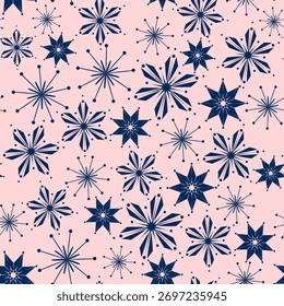 Copos de nieve sin patrón. Tema de vacaciones de invierno. Fondo sin fisuras con copos de nieve azul oscuro. Ilustración vectorial