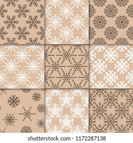 Snowflakes. Seamless patterns. Beige winter ornaments. Backgrounds for textile and wallpapers