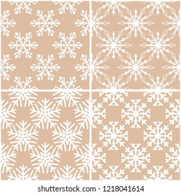 Snowflakes. Seamless patterns. Beige winter ornaments. Backgrounds for textile and wallpapers
