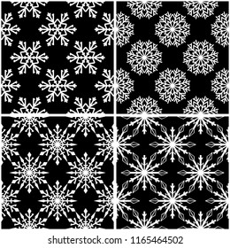 Snowflakes. Seamless patterns. Black and white winter ornaments. Backgrounds for textile and wallpapers
