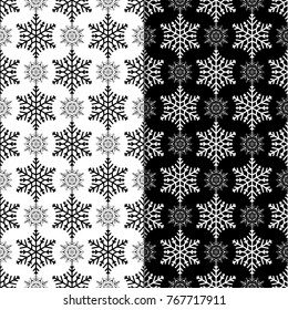 Snowflakes seamless patterns. Black and white monochrome backgrounds with christmas elements. Vector illustration