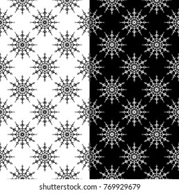 Snowflakes seamless patterns. Black and white monochrome backgrounds with christmas elements. Vector illustration