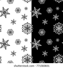 Snowflakes seamless patterns. Black and white monochrome backgrounds with christmas elements. Vector illustration