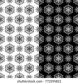 Snowflakes seamless patterns. Black and white monochrome backgrounds with christmas elements. Vector illustration