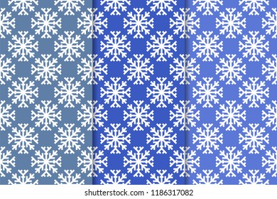 Snowflakes. Seamless patterns. Blue vertical winter ornaments. Backgrounds for textile and wallpapers