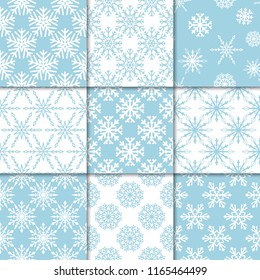 Snowflakes. Seamless patterns. Collection of light blue winter ornaments. Backgrounds for textile and wallpapers
