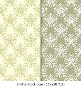 Snowflakes. Seamless patterns. Olive green winter ornaments. Backgrounds for textile and wallpapers