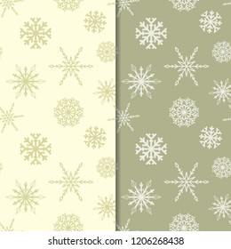 Snowflakes. Seamless patterns. Olive green winter ornaments. Backgrounds for textile and wallpapers