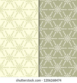 Snowflakes. Seamless patterns. Olive green winter ornaments. Backgrounds for textile and wallpapers