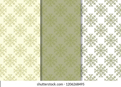 Snowflakes. Seamless patterns. Olive green winter ornaments. Backgrounds for textile and wallpapers