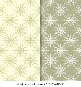 Snowflakes. Seamless patterns. Olive green winter ornaments. Backgrounds for textile and wallpapers