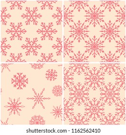 Snowflakes. Seamless patterns. Pink beige winter ornaments. Backgrounds for textile and wallpapers