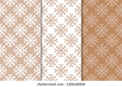 Snowflakes. Seamless patterns. Set of beige winter ornaments. Backgrounds for textile and wallpapers