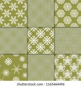 Snowflakes. Seamless patterns. Set of olive green winter ornaments. Backgrounds for textile and wallpapers