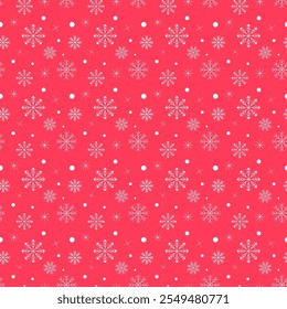 Copos de nieve sin patrón. Escamas de nieve blanca patrón de repetición aislado en fondo rojo. Fondo de pantalla de fondo de ilustración gráfica de Vector para Navidades de invierno.