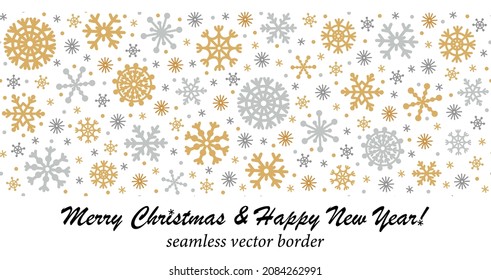 Snowflakes seamless vector border. Hand-drawn horizontal ornament. Gold, silver crystals of ice on a white background. Seasonal winter banner. Festive template for decoration, design.
