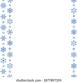 Snowflakes. Seamless vertical border. Repeating vector pattern. Isolated colorless background. Endless holiday ornament. Place for your text. Delicate crystal background. Idea for web design, printing