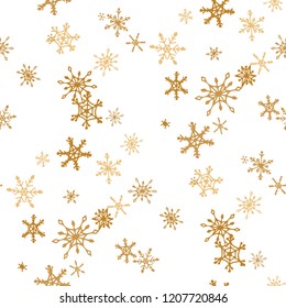 Snowflakes. Seamless Winter Pattern with Pretty Simple Snowflakes Hand Drawn in Doodle Style. Seamless Background for Christmas Decoration, Wrapping, Fabric. Vector Holiday Texture.