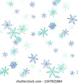 Snowflakes. Seamless Winter Pattern with Pretty Simple Snowflakes Hand Drawn in Doodle Style. Seamless Background for Christmas Decoration, Cloth, Dress. Vector Holiday Texture.