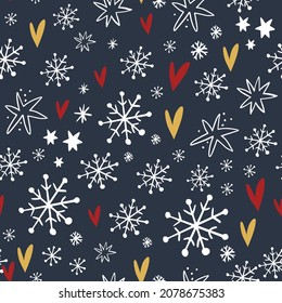 Schneeflocken nahtlose Winterstruktur. Winterhintergrund. Weihnachtsvorlage. Schneeflocken und Herzen blauer Muster.