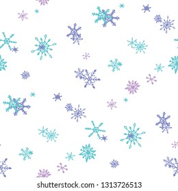 Snowflakes. Seamless Winter Texture with Cute Childish Snowflakes Hand Drawn in Doodle Style. Seamless Background for Christmas Decoration, Print, Dress. Vector Holiday Texture.