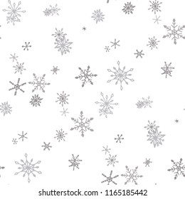 Snowflakes. Seamless Winter Texture with Lovely Childish Snowflakes Hand Drawn in Doodle Style. Seamless Background for Christmas Decoration, Wrapping, Paper. Vector Holiday Texture.