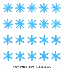 Snowflakes set 01. Twenty different hand-drawn snow flakes drawn by brush stroke. Quick and easy sketching or technique imitating children's drawing. Design graphic element vector illustration EPS