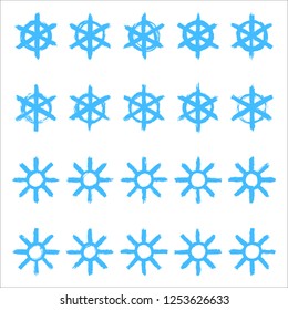 Snowflakes set 02. Twenty different of a snow flakes painted by bold brush stroke. Quick and easy sketching or technique imitating children's drawing. Design graphic element vector illustration EPS