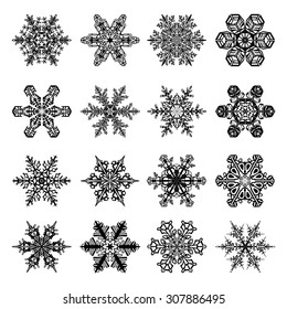 Snowflakes Set with 16 Snow Crystals for Christmas and Winter Design in Black with White Background