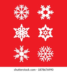 Snowflakes set de 6 Illustration Vector Design Se puede usar en afiches Banner Imprimible en camiseta Sticker Holiday temporada Diseño Decoración navideña Fondo rojo