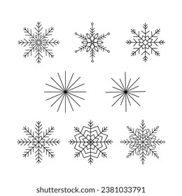 Copos de nieve set Navidad simple doodle lineal mano ilustración vectorial, vacaciones de invierno elementos de Año Nuevo para temporadas tarjetas de felicitación, invitaciones, banner, afiche, pegatinas