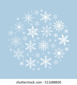 Snowflakes set in a circular form. Snowball. Christmas and New Year greeting card, invitation template. Vector illustration