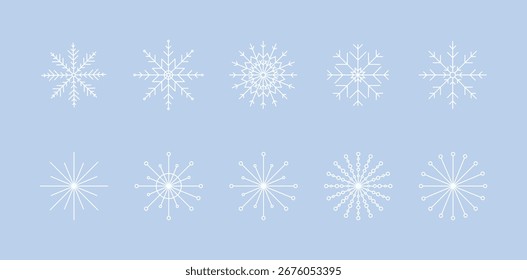 Snowflakes, a set of delicate winter icons, a sign of snow, frost, isolated on a blue background, vector illustration. Decorative festive element for decoration, design, postcard, banner