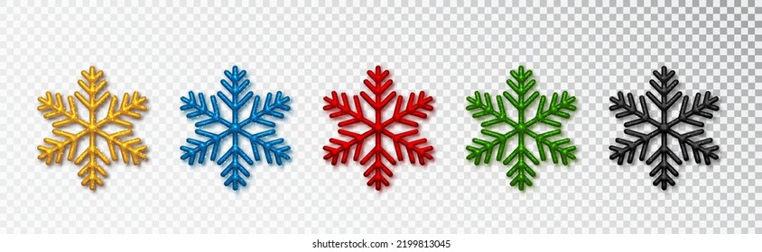 Snowflakes set different colors. Realistic Sparkling Christmas decoration isolated on transparent background