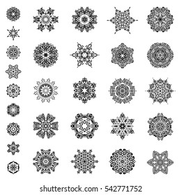 Snowflakes set. Flat design of gray snowflakes isolated on white background. Vector snowflakes background.