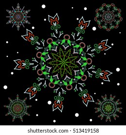 Snowflakes set. Flat design of green and red snowflakes isolated on black background. Vector snowflakes background.