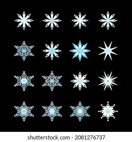 Snowflakes Set. Estilo plano.  Símbolo de invierno, Navidad, vacaciones de Año Nuevo. Silueta blanca y azul sobre fondo negro. Ilustración vectorial.