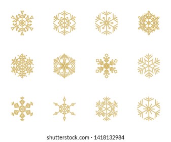 Snowflakes set. Golden Snowflake on white background. Cute doodle snow icons vector illustration