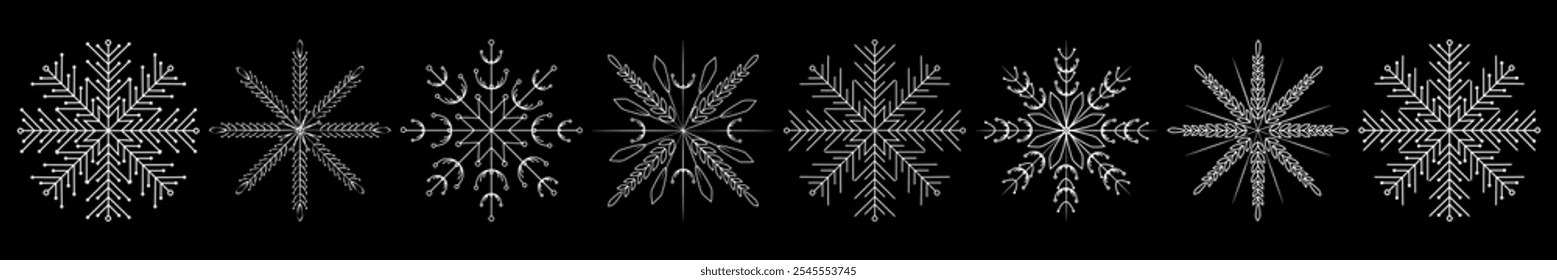 Flocos de neve ajustam ícones. Coleção de silhuetas de cristal Flake. Feliz ano novo, Natal. Neve, feriado, tempo frio, geada. Elementos de design de inverno. 